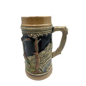 German Ceramic Beer Stein With Relief Hand-Painted Dancing Scene & Landscape